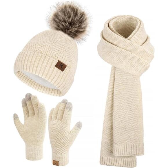 Women's Winter Knit Beanie Hat Long Scarf Touchscreen Gloves Set - Picture 1 of 5